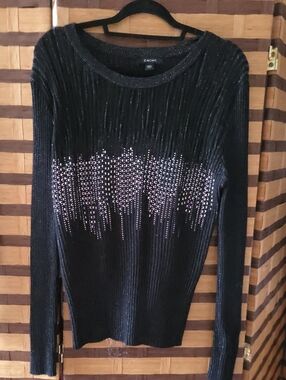 Cache Black Long-Sleeve Knit Sweater with Diamond Embellished Front